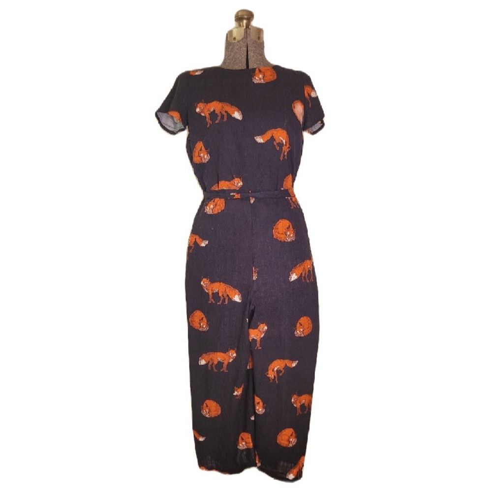 Modcloth Red Fox Jumpsuit Romper Cropped Pant Tie Waist Navy Linen XS Funky